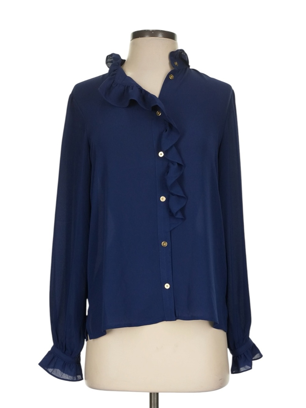 J. Crew Drapey Cottage Blouse Size 4 Navy Ruffles Workwear Office Romantic NWT